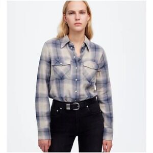 NWT Madewell‎ Plaid Flannel Pearl Snap Blue/Pink/Cream Women's 6 Fall Cabincore